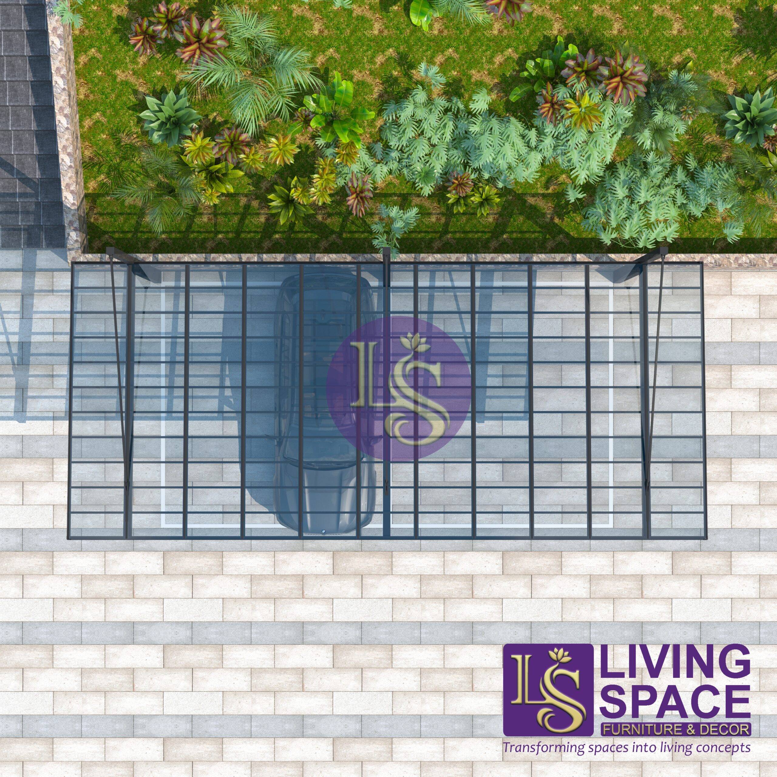 A picture of a car parked under a cantilever carport in an aerial view