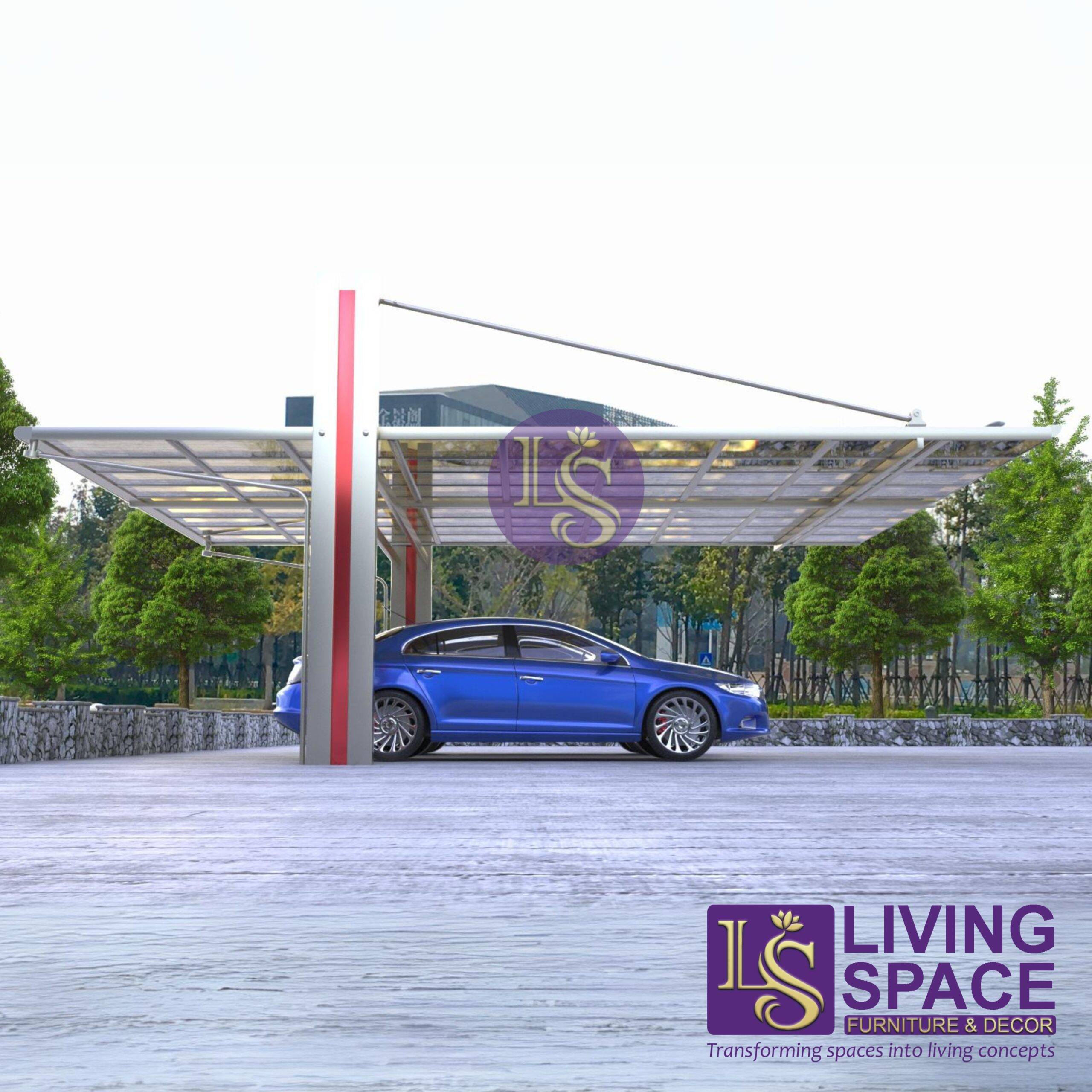 A blue car parked under a Double carport installed in a private parking space in New Zealand